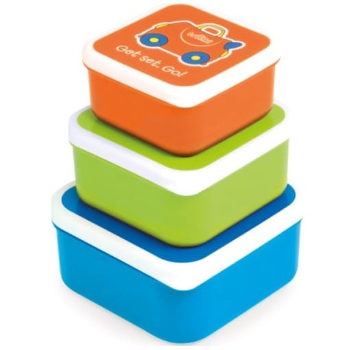 Trzy kolorowe pojemniki śniadaniowe dla dziecka do szkoły i przedszkola.