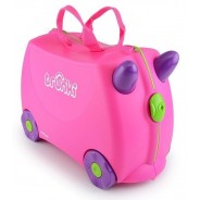 Różowa walizka na kółkach dla dzieci w postaci zabawnego zwierzątka.