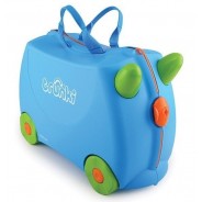 Niebieska, jeżdżąca walizka dla dzieci w postaci uroczego zwierzątka.
