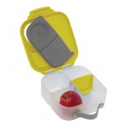 Lunchbox dla dziecka z licznymi przegrodami w żółto - szarej kolorystyce.