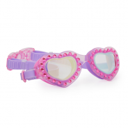 Różowo fioletowe okulary do pływania dla dziewczynki w kształcie serc.