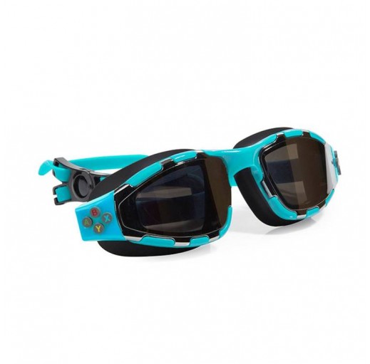 Czarno-niebieskie okulary do pływania dla chłopca z motywem pada do gry.