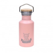 Różowa butelka ze stali nierdzewnej z dodatkowym wieczkiem z ustnikiem wykonanym z silikonu.