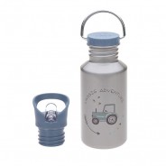 Butelka z dodatkową zakrętką z ustnikiem z aplikacją przedstawiającą traktor.