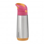 Różowo-pomarańczowa butelka termiczna z silikonową słomką oraz poręcznym uchwytem.