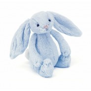 Pluszowy króliczek z grzechotką w niebieskim kolorze.