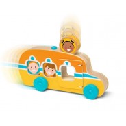 Żółty autobus z niebieskimi kołami z zabawnymi krążkami z twarzami dzieci.
