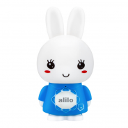 Biały króliczek w niebieskim ubranku - wielofunkcyjna zabawka dla dzieci.