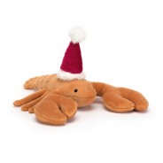 Mały pluszowy homar w czapce Świętego Mikołaja.