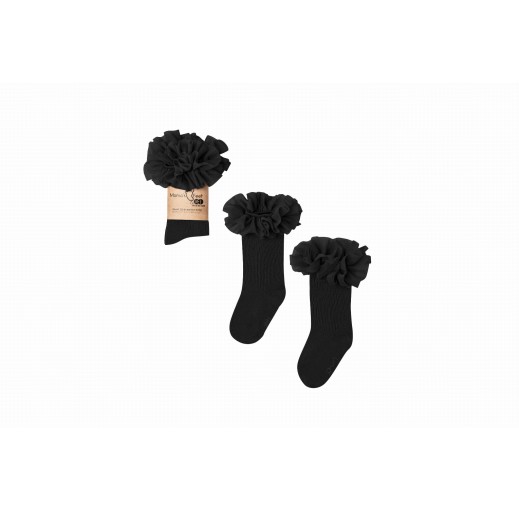 Czarne długie skarpetki dla dziewczynki z tiulową falbanką.