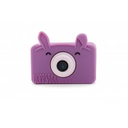 Aparat fotograficzny dla dzieci w fioletowym etui w kształcie króliczka.