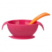 Różowa, silikonowa miska z przyssawką do nauki jedzenia dla dzieci i niemowląt od 6 miesiąca życia.