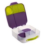 Poręczna walizeczka na przekąski w kolorze fioletowo - limonkowym.