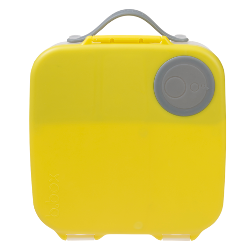 Żółto - szary lunchbox z licznymi przegródkami o różnej wielkości.