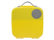 Żółto - szary lunchbox z licznymi przegródkami o różnej wielkości.