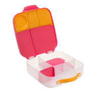Wielokomorowy lunchbox do szkoły i do przedszkola w kolorze różowo-pomarańczowym.